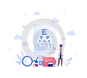 Ophthalmology and eye disease concept. Vector flat healthcare illustration. Female ophthalmologist doctor with pointer. Eyeglasses