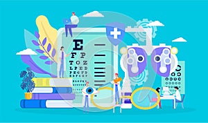Ophthalmology, eye health vector illustration, cartoon tiny myopia patient character on examination checkup, optometry