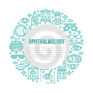 Ophthalmology, eyes health care circle porter with line icons. Optometry equipment, contact lenses, eye glasses, doctor