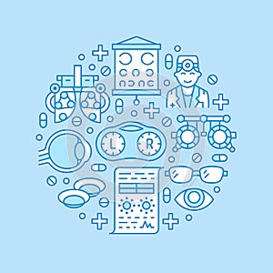 Ophthalmology, eyes health care circle porter with line icons. Optometry equipment, contact lenses, eye glasses, doctor