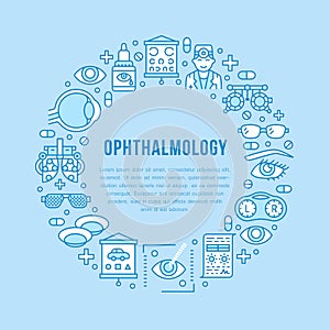 Ophthalmology, eyes health care circle porter with line icons. Optometry equipment, contact lenses, eye glasses, doctor