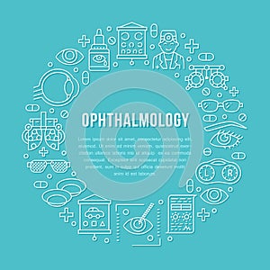 Ophthalmology, eyes health care circle porter with line icons. Optometry equipment, contact lenses, eye glasses, doctor