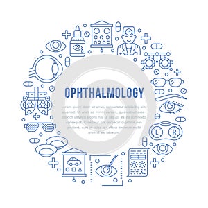 Ophthalmology, eyes health care circle porter with line icons. Optometry equipment, contact lenses, eye glasses, doctor