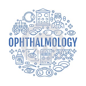 Ophthalmology, eyes health care circle porter with line icons. Vision correction blue brochure signs for oculist clinic