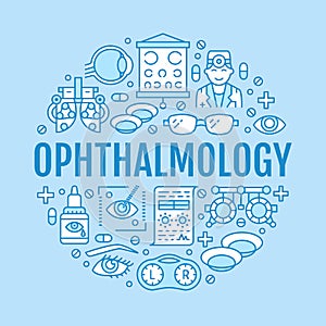 Ophthalmology, eyes health care circle porter with line icons. Vision correction brochure signs for oculist clinic