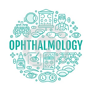 Ophthalmology, eyes health care circle porter with line icons. Vision correction brochure signs for oculist clinic