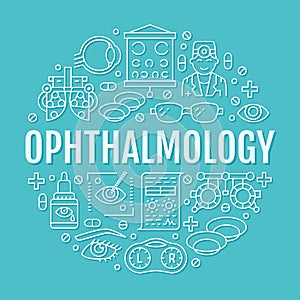 Ophthalmology, eyes health care circle porter with line icons. Vision correction brochure signs for oculist clinic