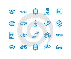 Ophthalmology, eyes health care line icons. Optometry equipment, contact lenses, glasses, blindness. Vision correction