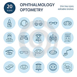 Ophthalmology, eyes health care line icons. Optometry equipment, contact lenses, glasses, blindness. Vision correction