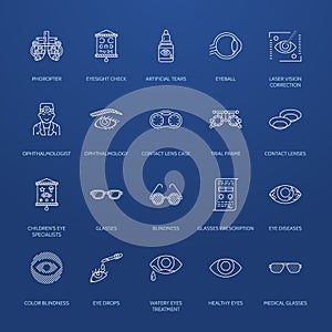 Ophthalmology, eyes health care line icons. Optometry equipment, contact lenses, glasses, blindness. Vision correction