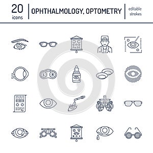 Ophthalmology, eyes health care line icons. Optometry equipment, contact lenses, glasses, blindness. Vision correction