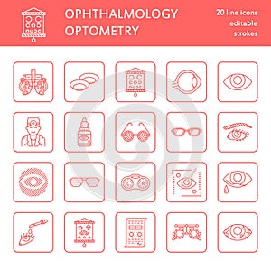 Ophthalmology, eyes health care line icons. Optometry equipment, contact lenses, glasses, blindness. Vision correction