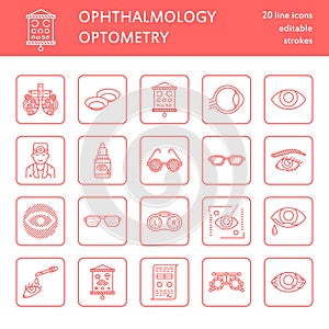 Ophthalmology, eyes health care line icons. Optometry equipment, contact lenses, glasses, blindness. Vision correction photo