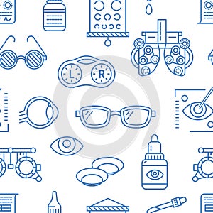 Ophthalmology, eyes health care seamless pattern, medical vector blue background. Optometry equipment, contact lenses photo