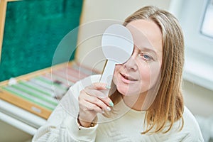 ophthalmology. eyesight check of adult female woman