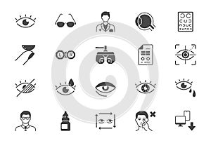 Ophthalmology flat icons. Vector illustration include icon - contact lens, eyeball, glasses, blindness, phoropter, laser