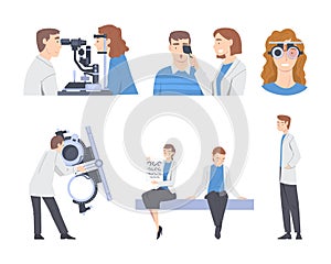 Ophthalmology with Health Care Professional Engaged in Eye Examination and Sight Test Vector Set