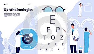 Ophthalmology landing. Ophthalmologist checks patient sight. Eyes test new technology. Eye care ophthalmological vector