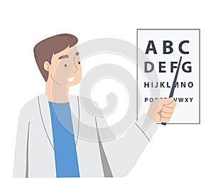 Ophthalmology with Man Health Care Professional Pointing to Optotype Vector Illustration