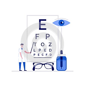 Ophthalmology medical vector illustration concept with characters. Doctor standing near eye test chart. Modern flat style for