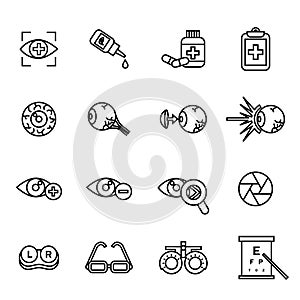 Ophthalmology, optical, optometry Related icons set. Eye health care related pictograms, such as laser correction, eye anatomy, co