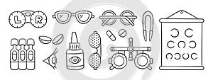 Ophthalmology, optometry hand drawn icon set. Vision test chart, contact lenses, drops and glasses in doodle style