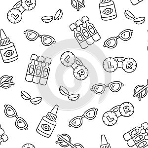 Ophthalmology, optometry hand drawn seamless pattern. Contact lenses, eye drops and glasses in doodle style. Optometry