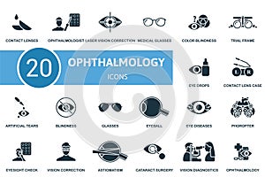 Ophthalmology set. Creative icons: contact lenses, ophthalmologist, laser vision correction, medical glasses, color