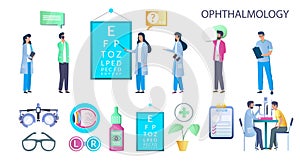 Ophthalmology set, flat vector isolated illustration. Doctor oculist and patient characters. Chart for eye check up.
