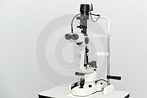 Ophthalmoscopy of the eye. Medical equipment with ophthalmoscope in modern clinic.