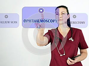 OPHTHALMOSCOPY text in list. internist looking for something at smartphone