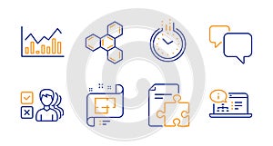 Opinion, Architectural plan and Strategy icons set. Speech bubble, Time and Chemical formula signs. Vector