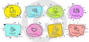 Opinion, Handshake and Edit user icons set. Hold heart, Skin care and Hold box signs. Vector