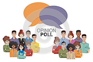 Opinion poll flat illustration of two groups of people and speech bubbles between them. Flat vector