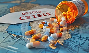 Opioid Crisis Depicted with Spilled Prescription Pills on United States Map, Highlighting the Epidemic of Drug Addiction