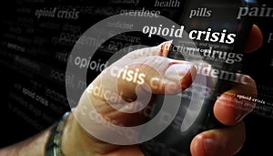 Opioid crisis painkiller epidemic news titles on screen in hand 3d illustration