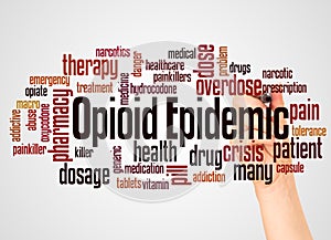 Opioid epidemic word cloud and hand with marker concept