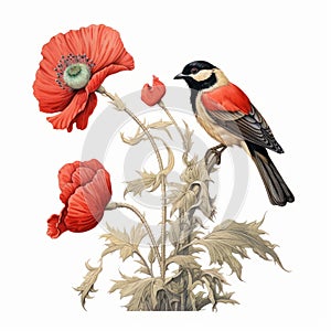 Opium Bird: Realistic Illustration Of A Bird On Poppies