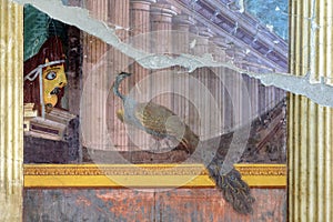 Oplontis Villa of Poppea - Salon, Fresco with a tragic mask and a peacock  1