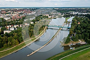 Opole, drone aerial view of bridge over Odra Oder river