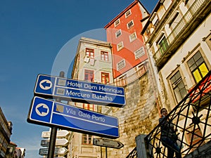 Oporto tipic houses view with hotel signs