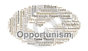 Opportunism Word Cloud. Core Concepts of Strategic Self-Interest and Ethical Conduct