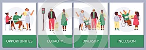 Opportunities, inclusion and diversity disabled people vector posters set, blindness, prostheses, boy in wheelchair