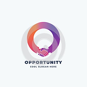 Opportunity Abstract Vector Sign, Symbol or Logo Template. Hand Shake Incorporated in Letter O Concept.