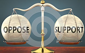 Oppose and support staying in balance - pictured as a metal scale with weights and labels oppose and support to symbolize balance