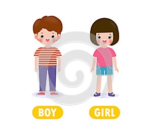 Opposite boy and girl, Words antonym for children with cartoon characters happy cute girl and boy, Flat vector illustration