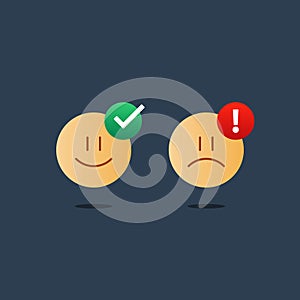 Opposite emotions, smile emoji, sad icon, customer services, feedback survey