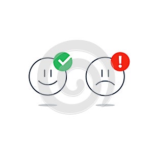 Opposite emotions, smile emoji, sad icon, customer services, feedback survey