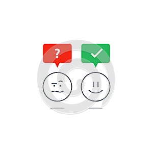 Opposite emotions, smile emoji, sad icon, customer services, feedback survey