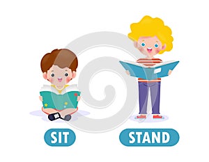 Opposite sit and stand, Words antonym for children with cartoon characters cute happy kids reading book Flat vector illustration